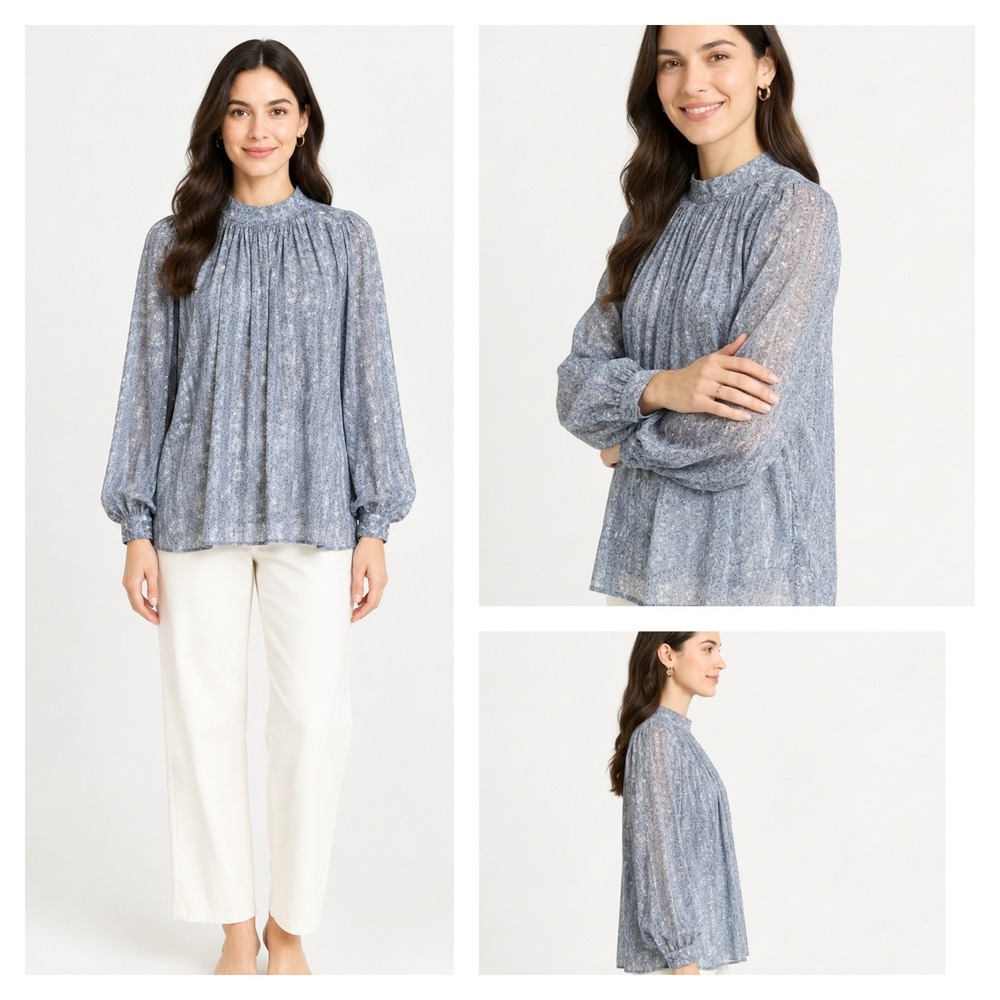 NWT H&M Blouse Top Womens 4XL Gray Floral Crepe Weave Patterned Long Sleeve